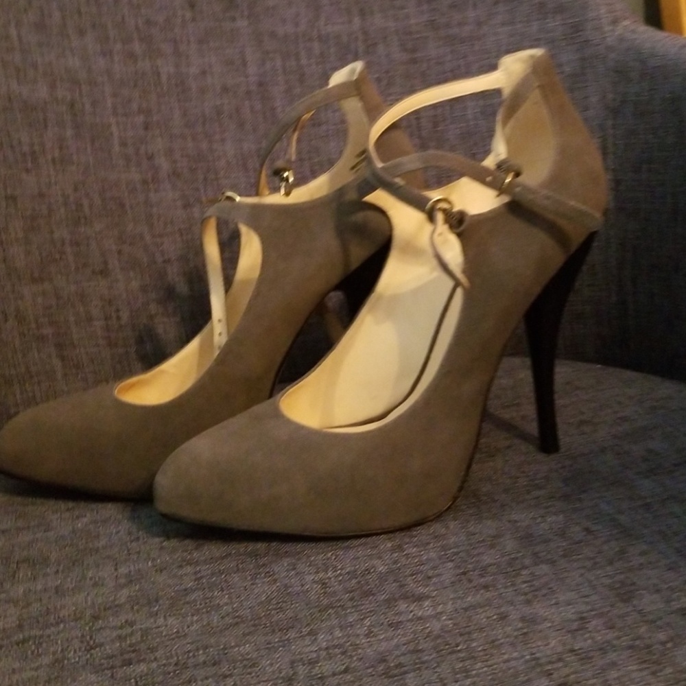 Grey strappy suede heels 10